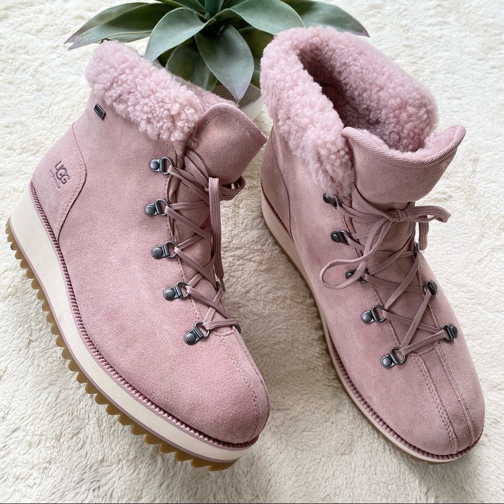 Ugg birch lace up shearling lined pink suede winter boots 12